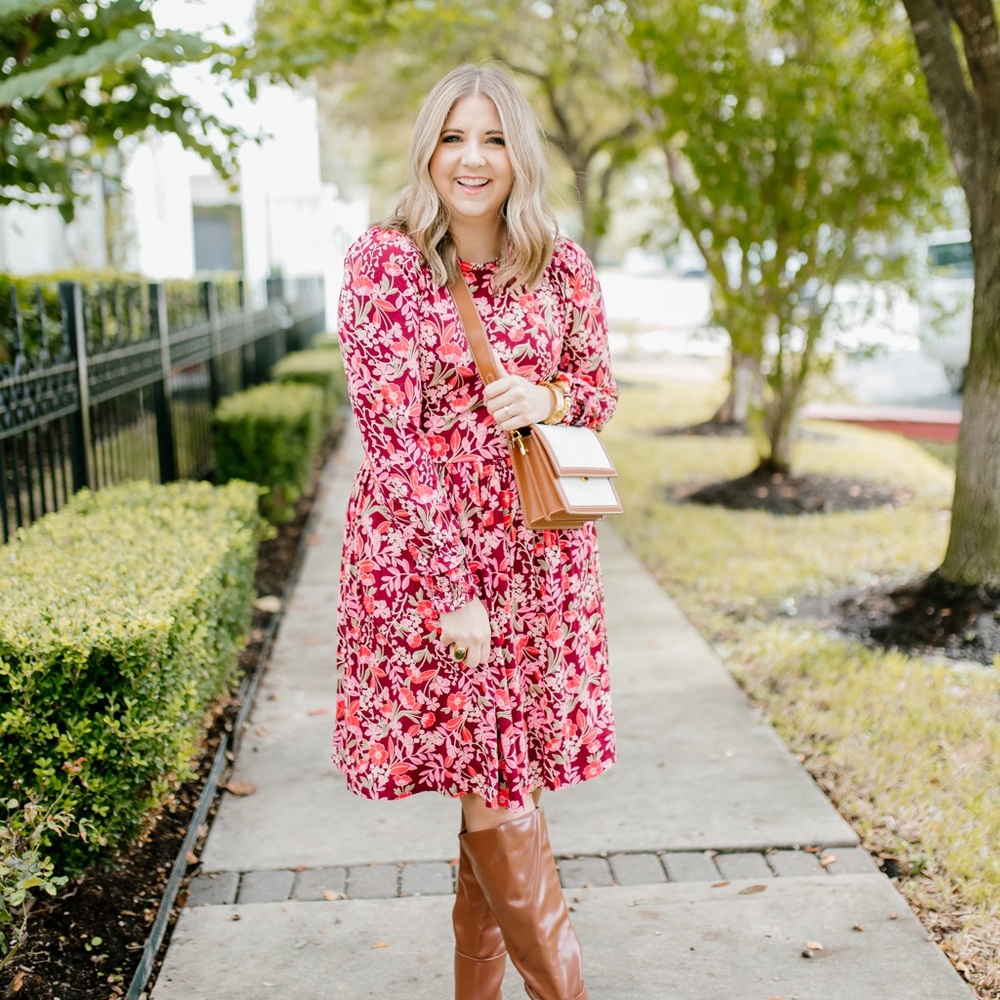 Draper James Rose and Red Floral Long-Sleeve Midi Dress